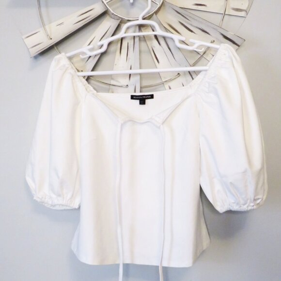 NWOT Boston Proper White Puff Sleeve Ponte Square Neck Knit Top Size Large - Picture 2 of 7